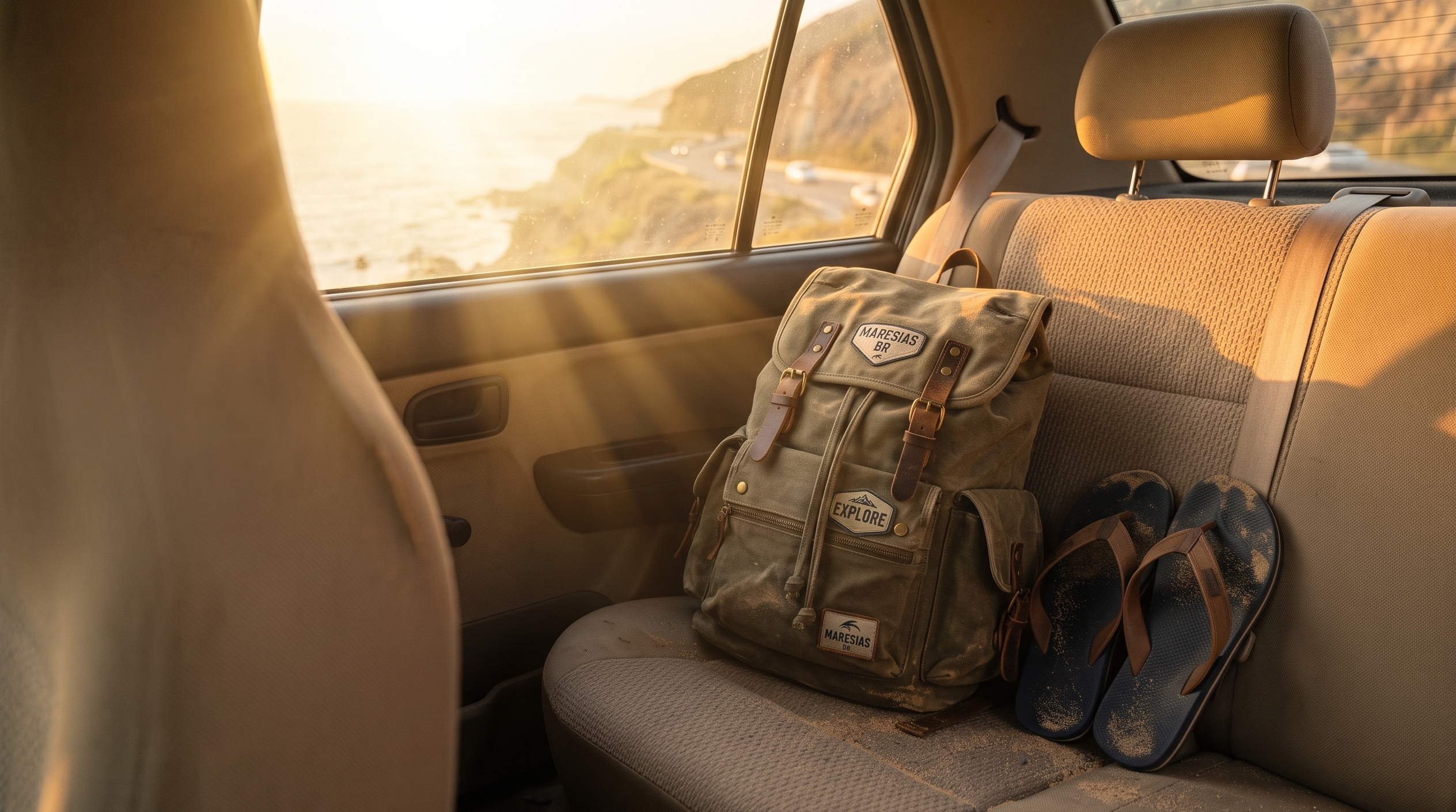 Mochila e chinelos no banco do carro, prontos para a próxima viagem