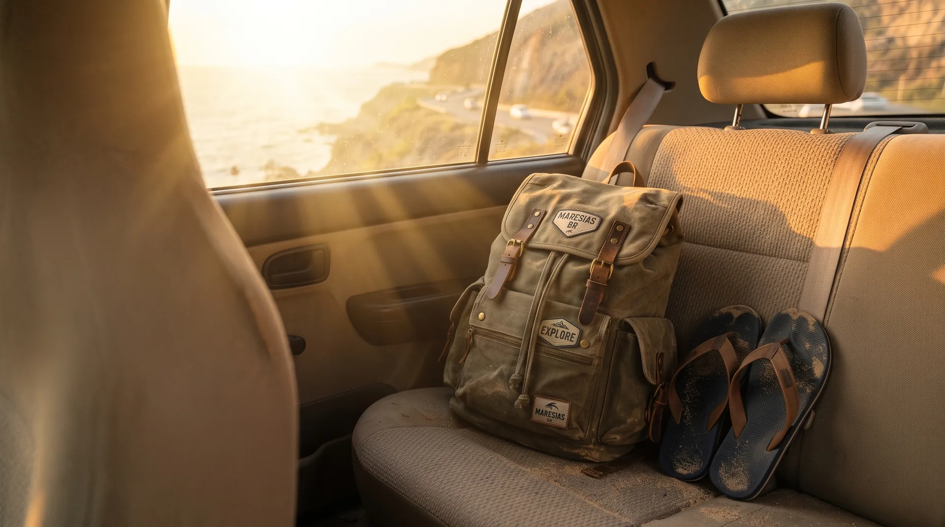 Mochila e chinelos no banco do carro, prontos para a próxima viagem